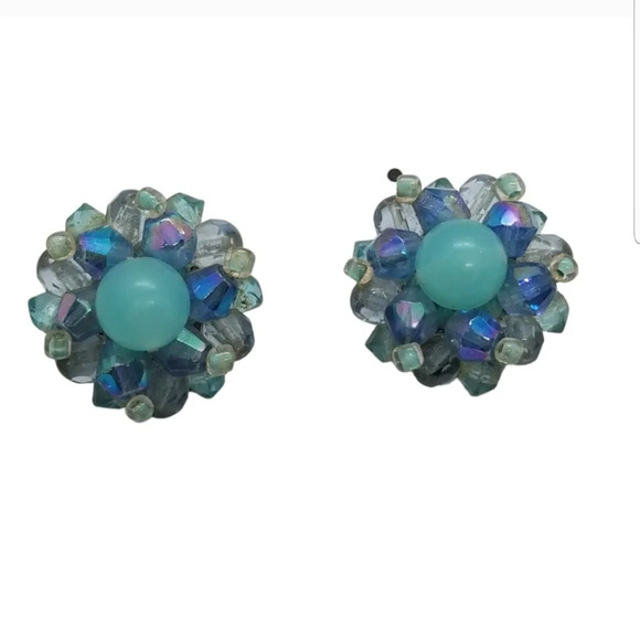 WEST GERMANY BLUE & AURORA BOREALIS GLASS BEAD CLUSTER CLIP ON EARRINGS - Picture 3 of 5